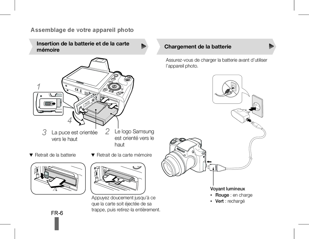 Samsung EC-WB5500BPBIL manual Insertion de la batterie et de la carte mémoire, Vers le haut Est orienté vers le Haut 