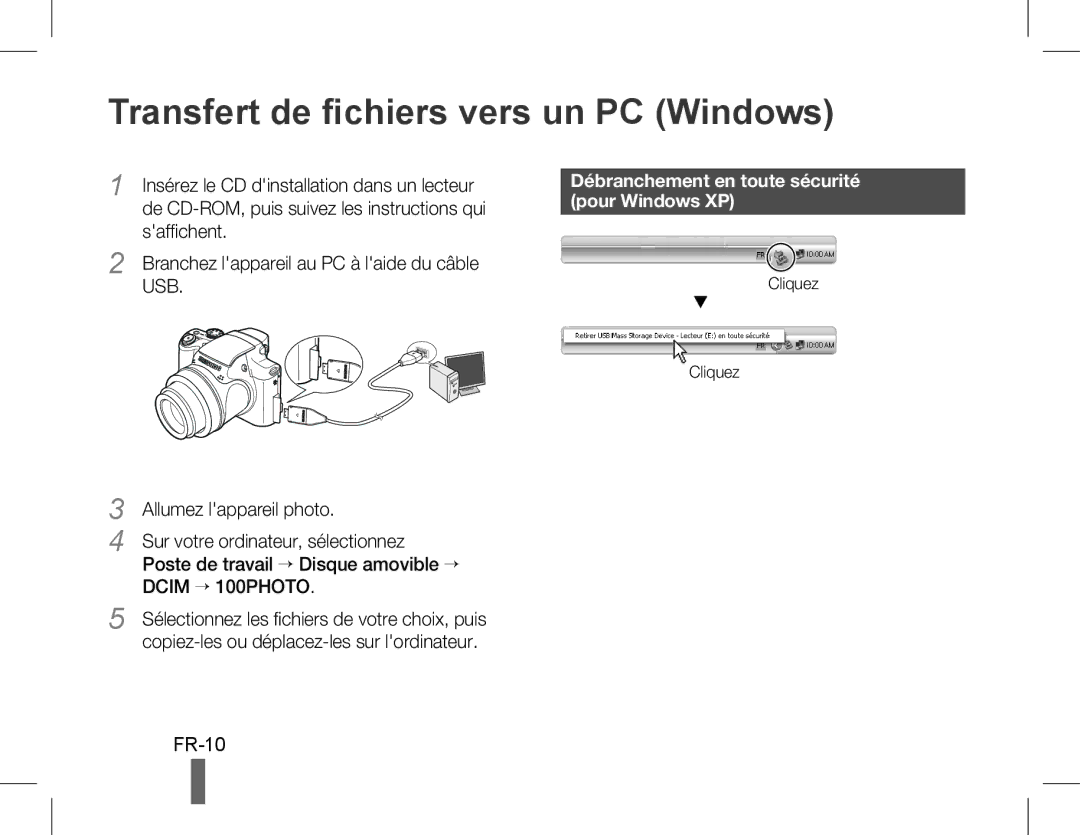 Samsung EC-WB5500BPAE3 manual Transfert de fichiers vers un PC Windows, Débranchement en toute sécurité pour Windows XP 