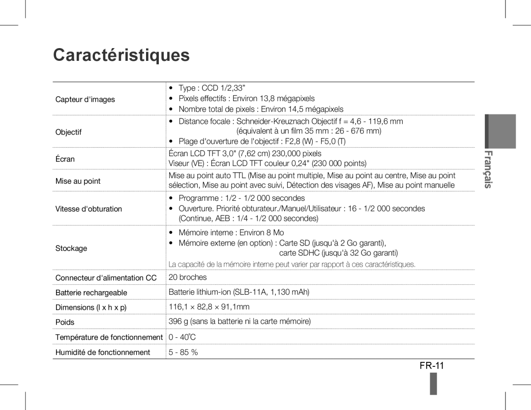 Samsung EC-WB5500BPARU, EC-WB5500BPAE1, EC-WB5500BPBE1 Caractéristiques, Batterie rechargeable Dimensions l x h x p Poids 