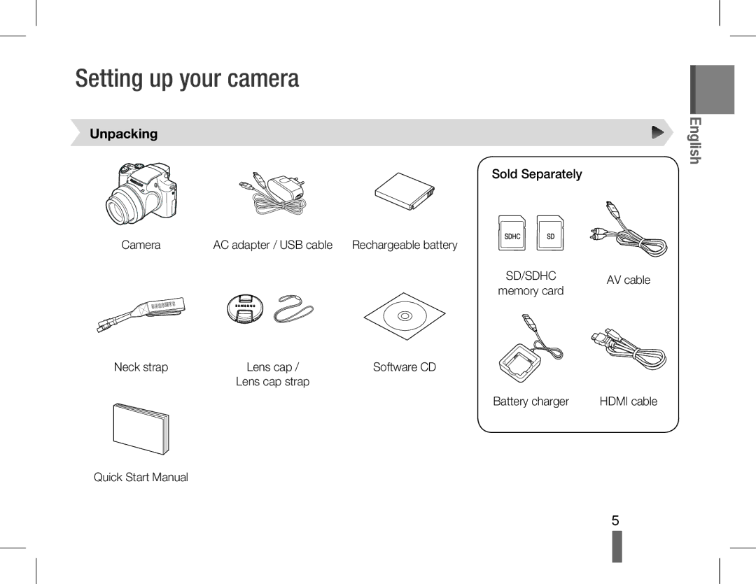 Samsung EC-WB5500BPBSA, EC-WB5500BPAE1, EC-WB5500BPBE1, EC-WB5500BPBIT Setting up your camera, Unpacking, Sold Separately 