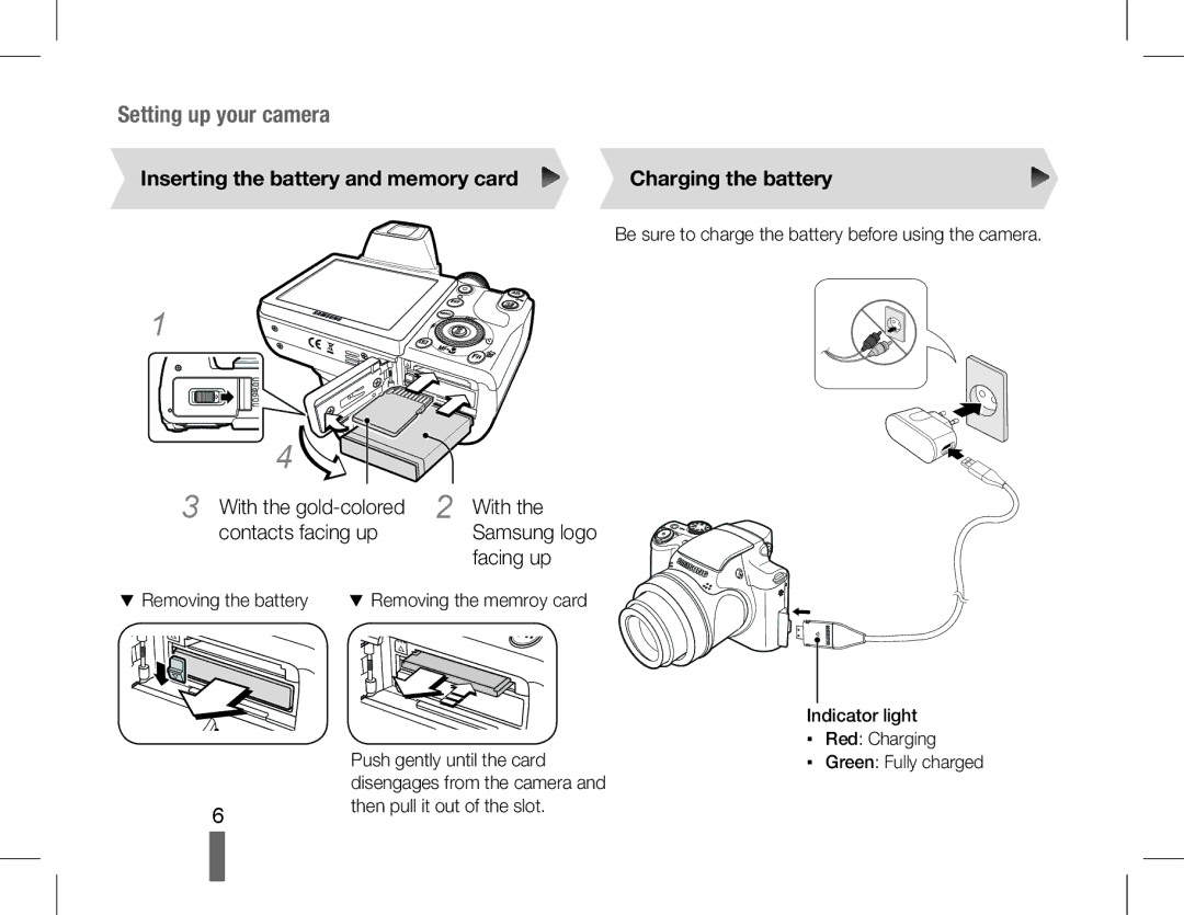 Samsung EC-WB5500BPBE3, EC-WB5500BPAE1 Inserting the battery and memory card Charging the battery, Facing up, Samsung logo 