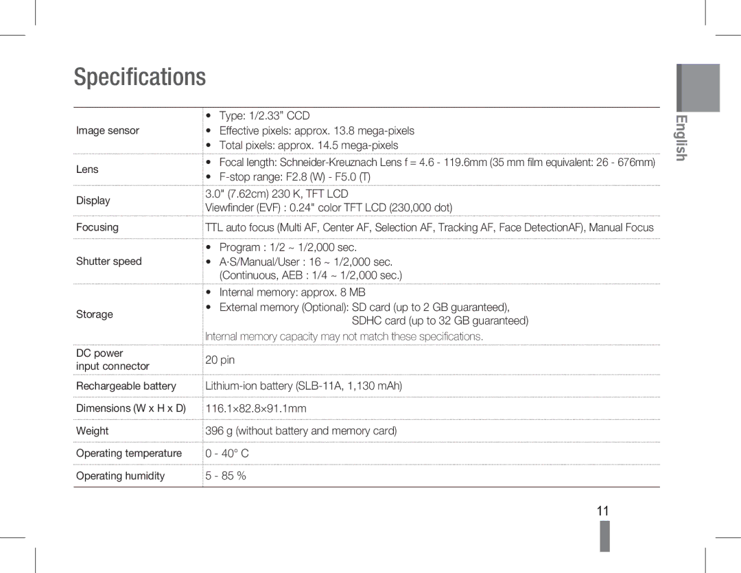 Samsung EC-WB5500BPAE1 Specifications, Image sensor Lens Display Focusing Shutter speed Storage, Rechargeable battery 