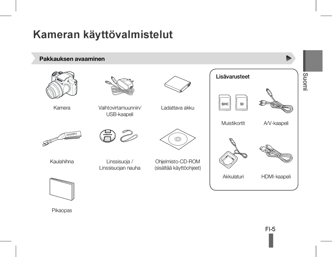 Samsung EC-WB5500BPBIL, EC-WB5500BPAE1, EC-WB5500BPBE1 manual Kameran käyttövalmistelut, Pakkauksen avaaminen, Lisävarusteet 