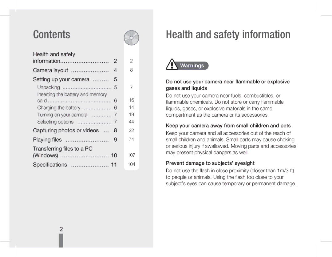 Samsung EC-WB5500BPBIT, EC-WB5500BPAE1, EC-WB5500BPBE1, EC-WB5500BPASA manual Contents, Health and safety information 