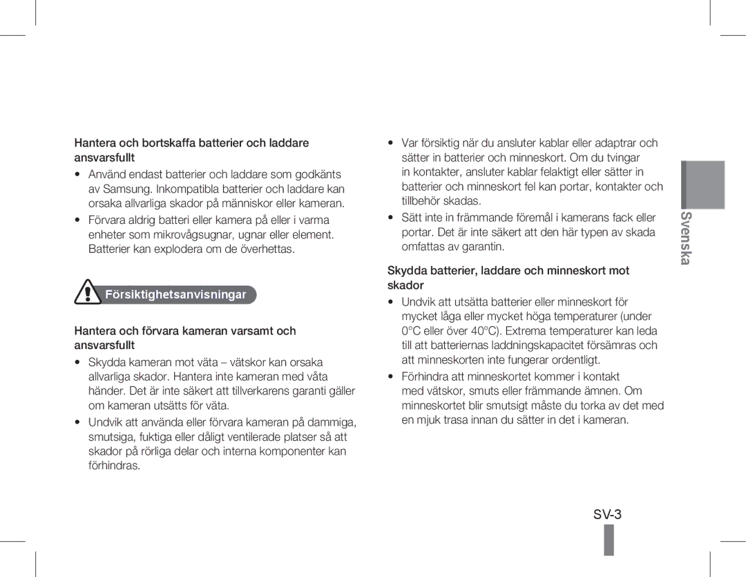 Samsung EC-WB5500BPBE1, EC-WB5500BPAE1 Hantera och bortskaffa batterier och laddare ansvarsfullt, Försiktighetsanvisningar 