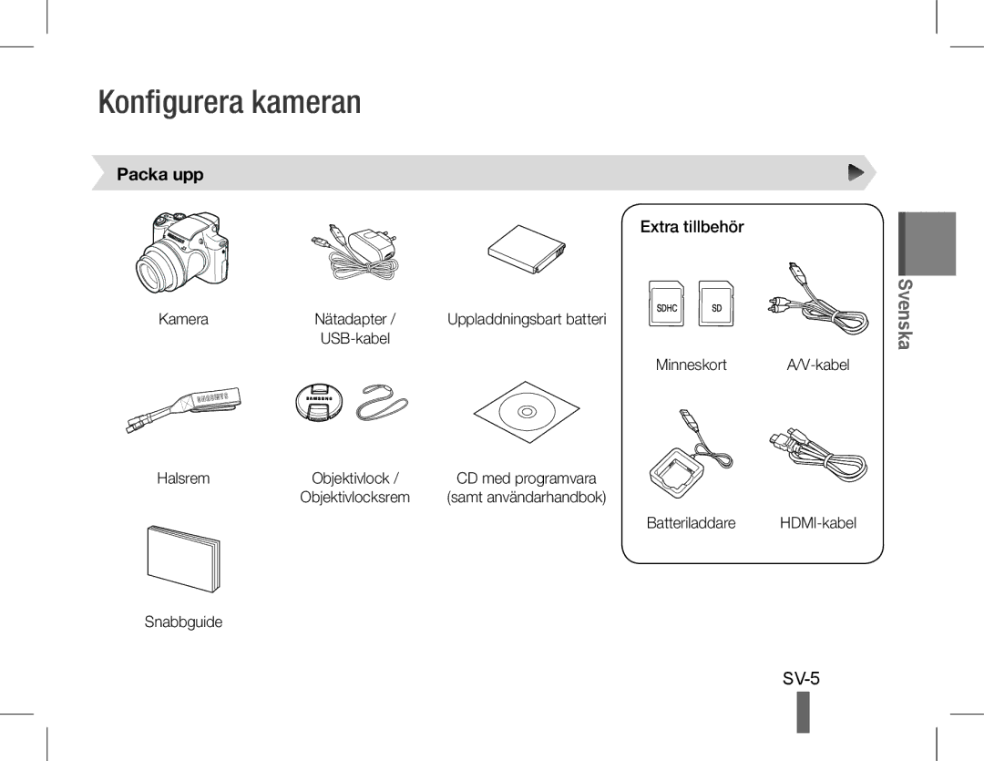 Samsung EC-WB5500BPASA, EC-WB5500BPAE1 manual Konfigurera kameran, Packa upp, Extra tillbehör, Minneskort A/V-kabel Halsrem 