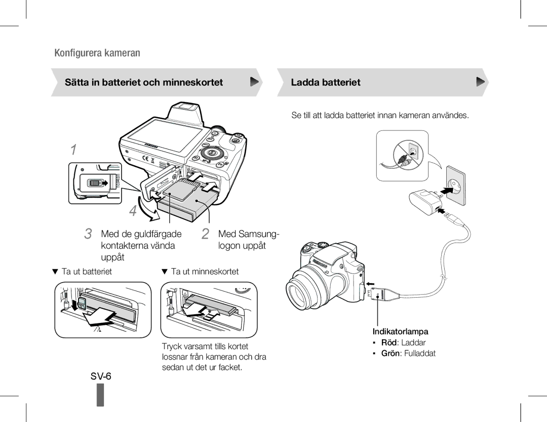 Samsung EC-WB5500BPBIL, EC-WB5500BPAE1, EC-WB5500BPBE1, EC-WB5500BPBIT Sätta in batteriet och minneskortet Ladda batteriet 