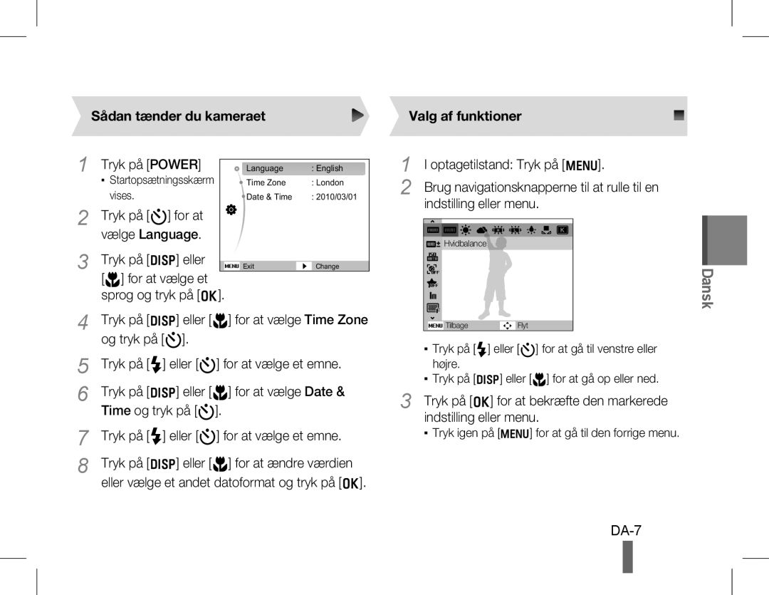 Samsung EC-WB5500BPBIL, EC-WB5500BPAE1, EC-WB5500BPBE1, EC-WB5500BPBIT manual Sådan tænder du kameraet Valg af funktioner 