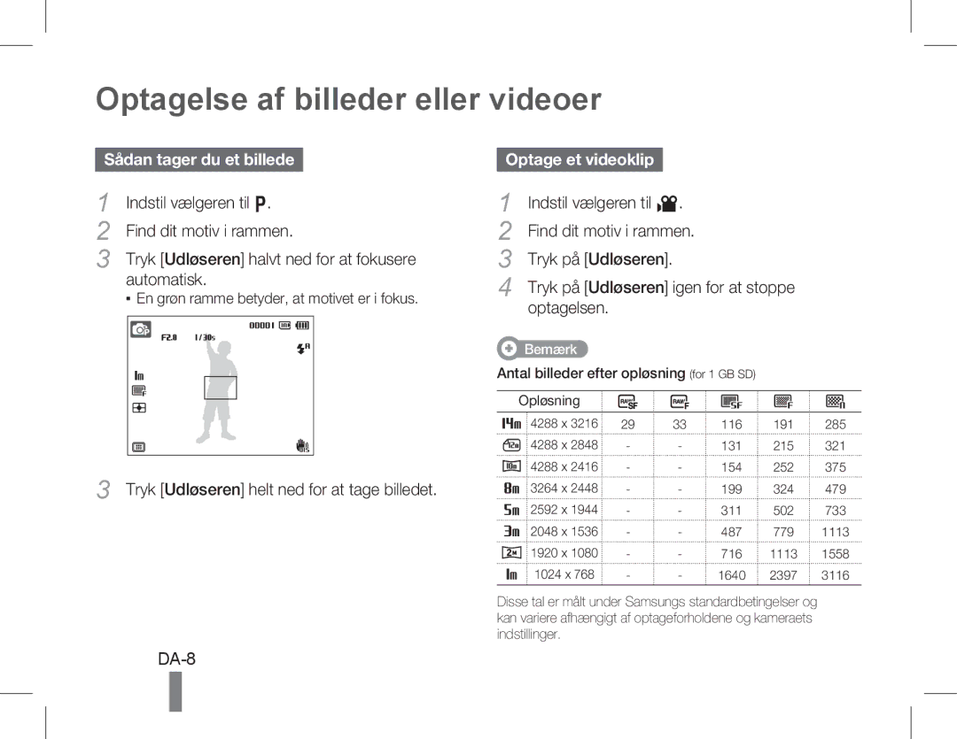 Samsung EC-WB5500BPBSA, EC-WB5500BPAE1 Optagelse af billeder eller videoer, Sådan tager du et billede, Optage et videoklip 