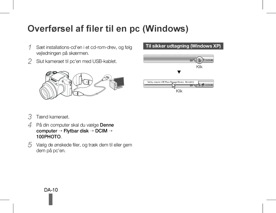 Samsung EC-WB5500BPBE2, EC-WB5500BPAE1 manual Overførsel af filer til en pc Windows, Til sikker udtagning Windows XP, Klik 