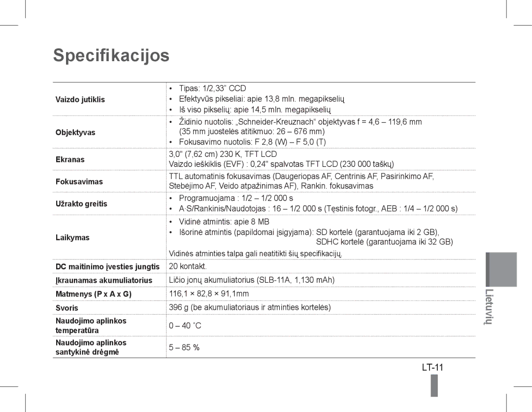 Samsung EC-WB5500BPBSA Specifikacijos, Matmenys P x a x G Svoris, Programuojama 1/2 1/2 000 s, Vidinė atmintis apie 8 MB 