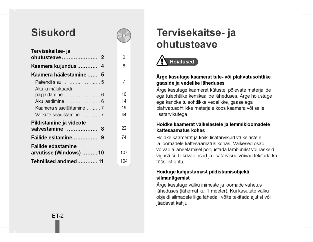 Samsung EC-WB5500BPBE3, EC-WB5500BPAE1 manual Sisukord, Tervisekaitse- ja ohutusteave, Tehnilised andmed…………, Hoiatused 