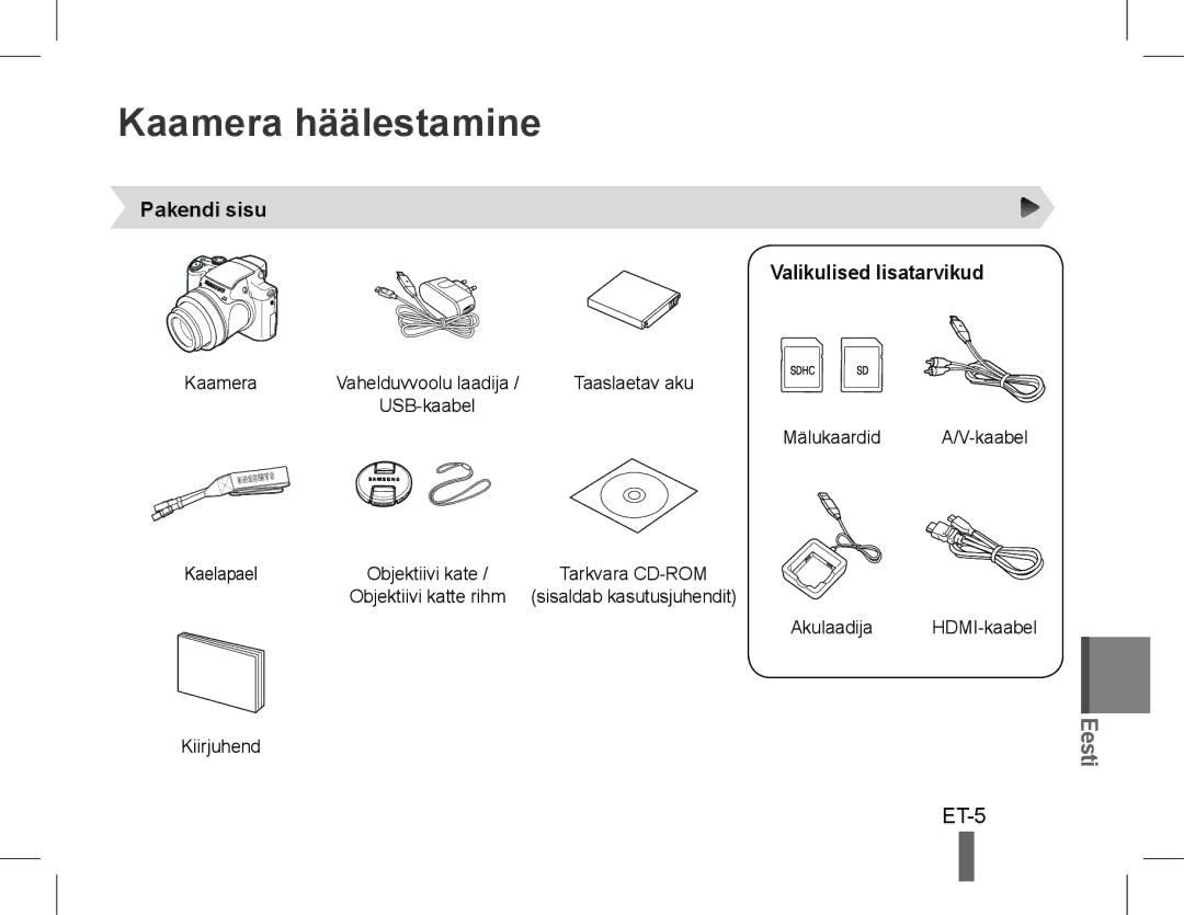 Samsung EC-WB5500BPARU manual Kaamera häälestamine, Pakendi sisu Valikulised lisatarvikud, Mälukaardid A/V-kaabel Kaelapael 