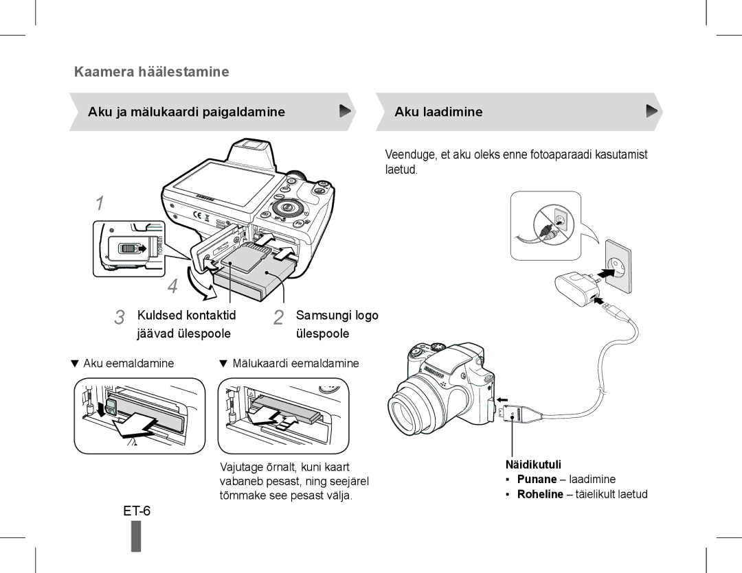 Samsung EC-WB5500BPBRU, EC-WB5500BPAE1 Aku ja mälukaardi paigaldamine Aku laadimine, Samsungi logo ülespoole, Näidikutuli 
