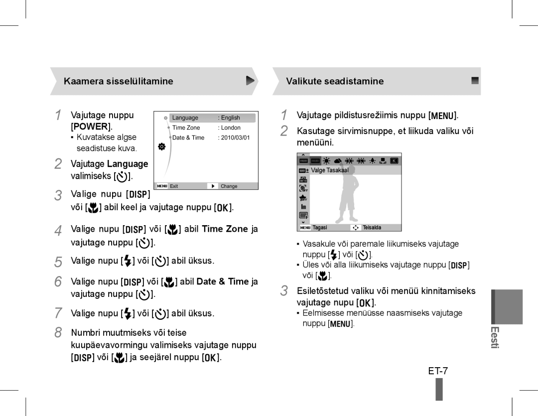 Samsung EC-WB5500BPAE1, EC-WB5500BPBE1, EC-WB5500BPBIT, EC-WB5500BPASA manual Kaamera sisselülitamine, Valikute seadistamine 