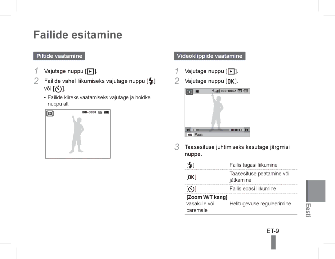 Samsung EC-WB5500BPBIT, EC-WB5500BPAE1, EC-WB5500BPBE1 manual Failide esitamine, Piltide vaatamine, Videoklippide vaatamine 