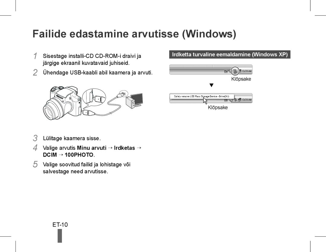 Samsung EC-WB5500BPASA, EC-WB5500BPAE1 Failide edastamine arvutisse Windows, Irdketta turvaline eemaldamine Windows XP 