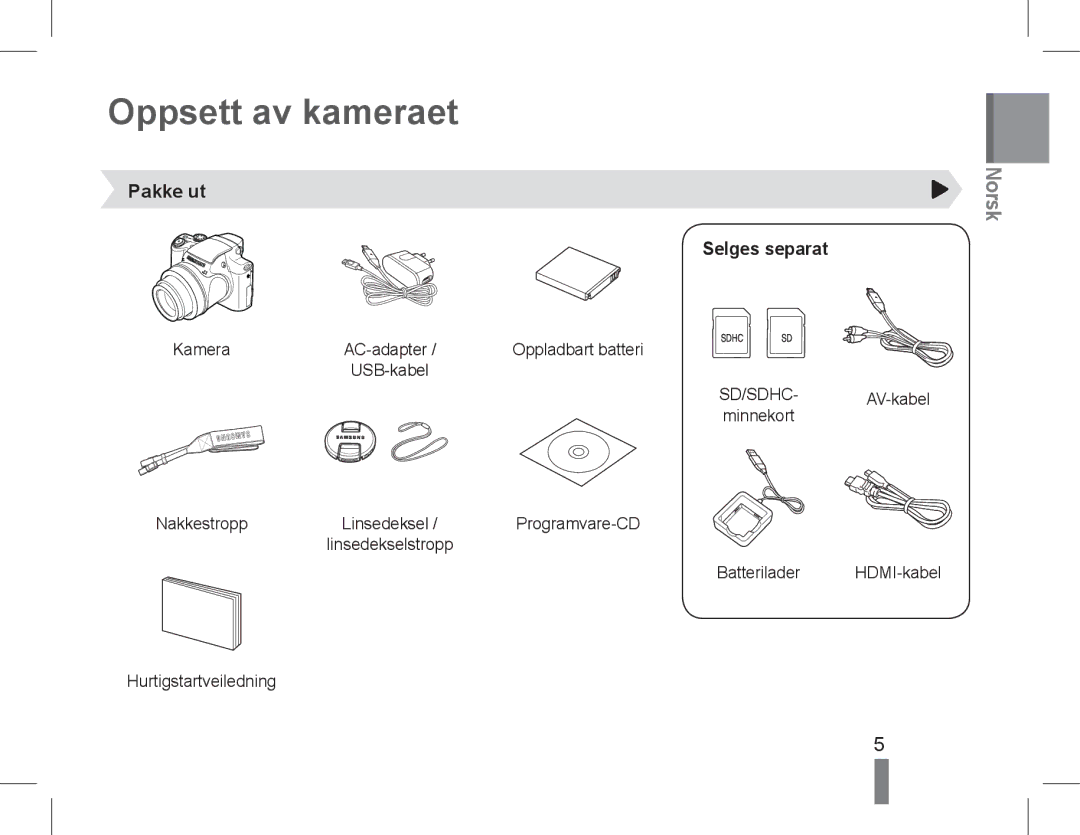 Samsung EC-WB5500BPBE2 manual Oppsett av kameraet, Pakke ut Selges separat, SD/SDHC- AV-kabelminnekort Nakkestropp 