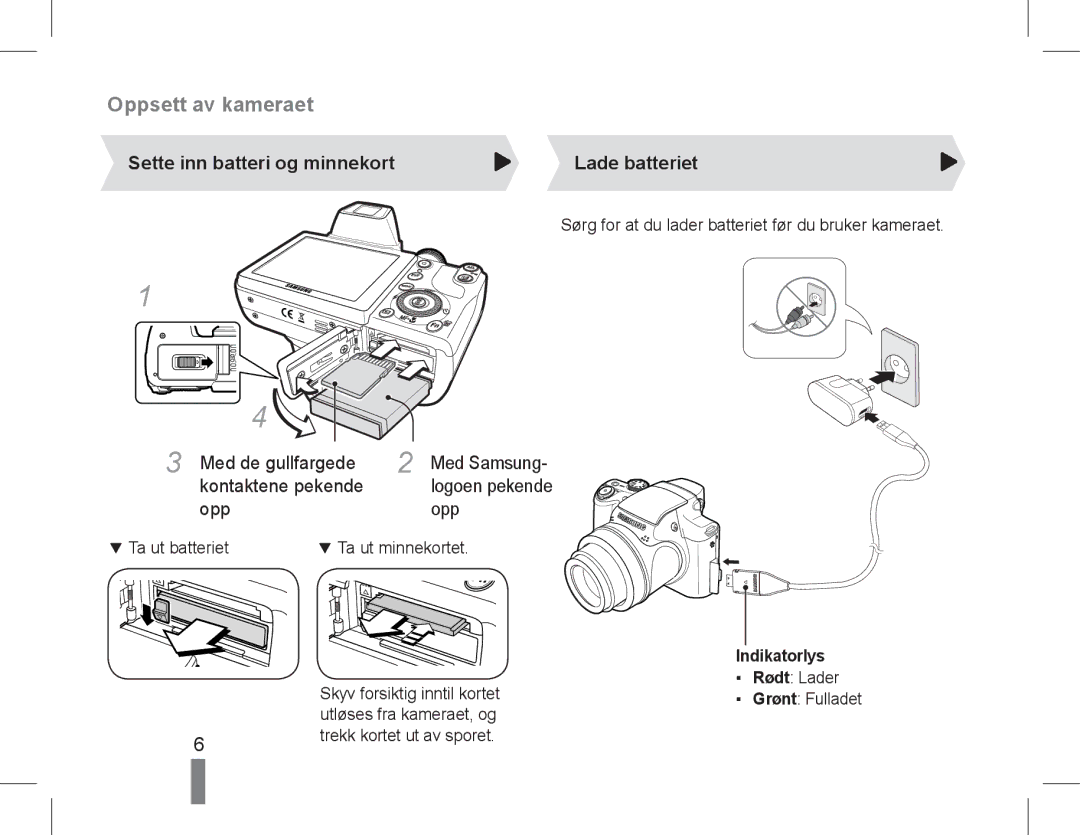 Samsung EC-WB5500BPAE3 Sette inn batteri og minnekort Lade batteriet, Ta ut batteriet Ta ut minnekortet, Indikatorlys 