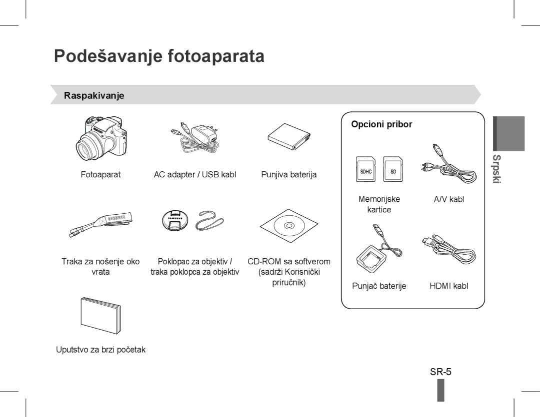 Samsung EC-WB5500BPBSA, EC-WB5500BPAE1 manual Podešavanje fotoaparata, Raspakivanje Opcioni pribor, Uputstvo za brzi početak 