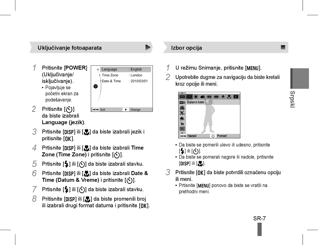 Samsung EC-WB5500BPBE2 manual Uključivanje fotoaparata, Language jezik, Zone Time Zone i pritisnite t, Izbor opcija 