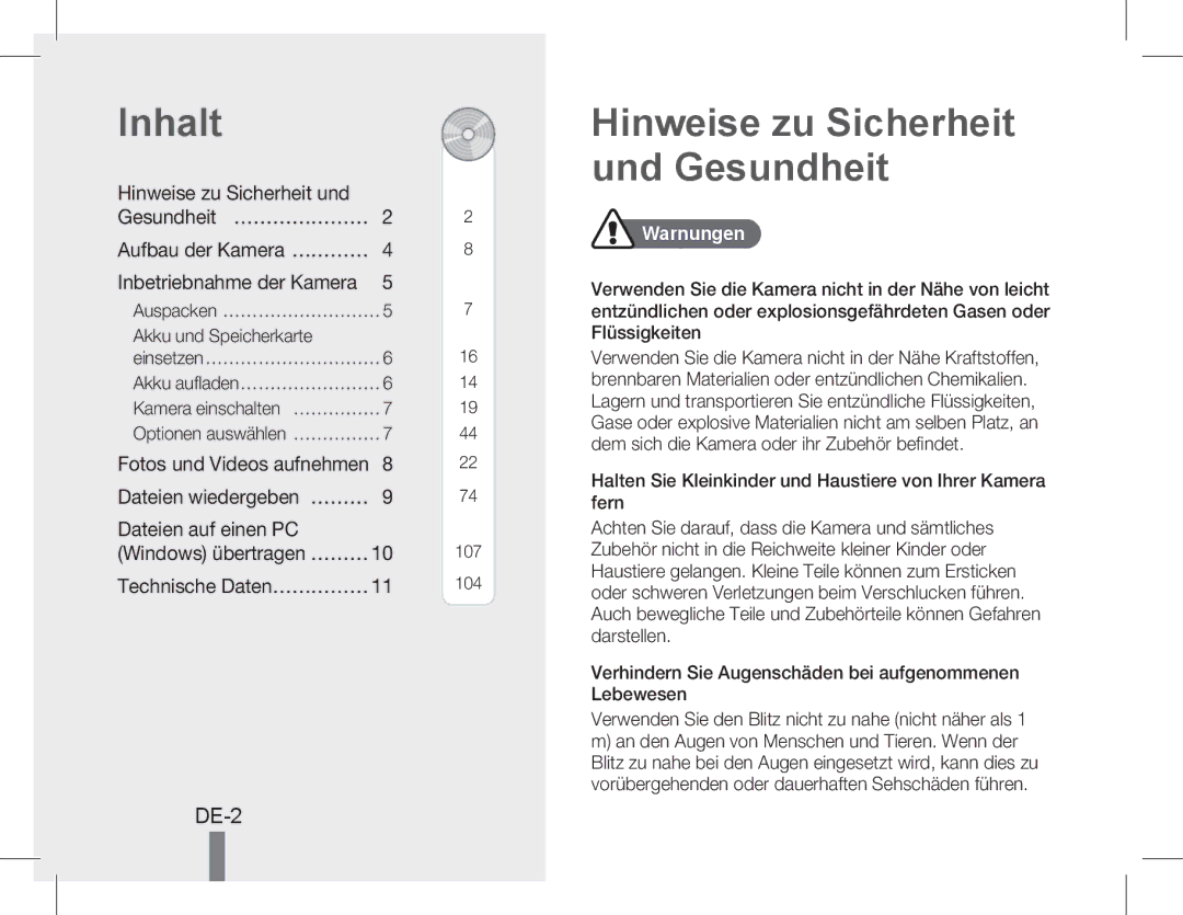 Samsung EC-WB5500BPBE1 manual Inhalt, De-, Hinweise zu Sicherheit und Gesundheit… …………………, Dateien auf einen PC 