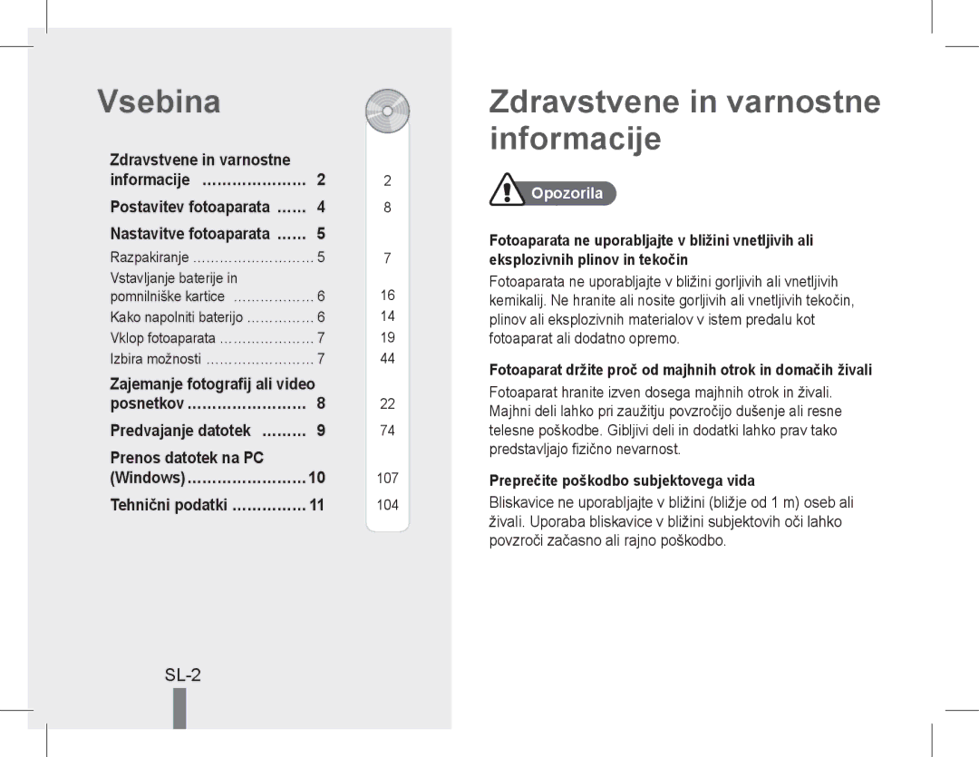 Samsung EC-WB5500BPBE1 manual Vsebina, Zdravstvene in varnostne informacije, Sl-, Prenos datotek na PC, Opozorila 