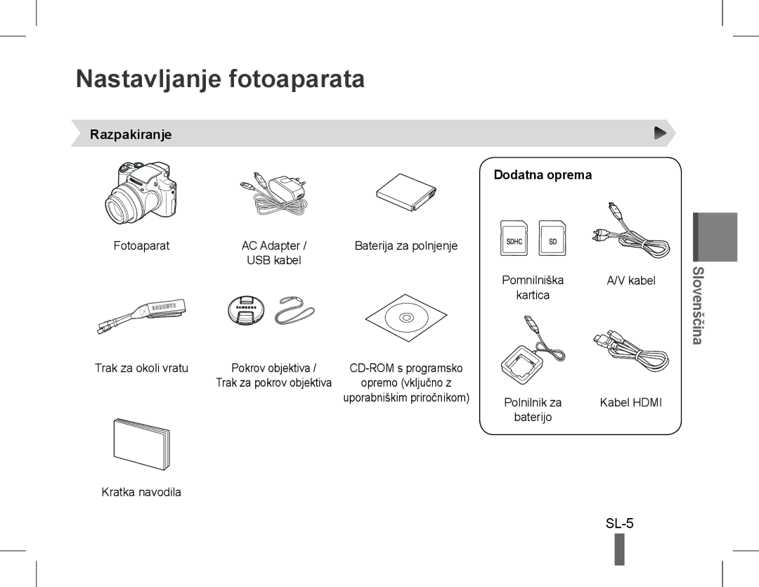 Samsung EC-WB5500BPBIL, EC-WB5500BPAE1, EC-WB5500BPBE1, EC-WB5500BPBIT Nastavljanje fotoaparata, Razpakiranje Dodatna oprema 