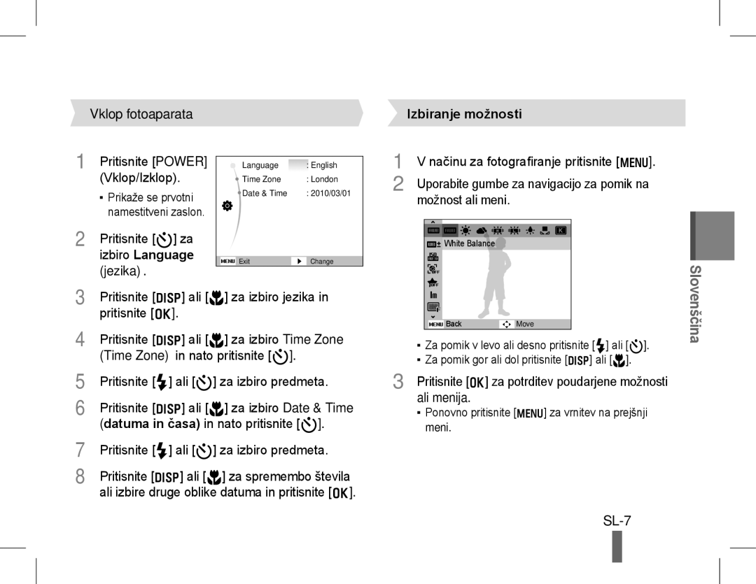 Samsung EC-WB5500BPBE3, EC-WB5500BPAE1, EC-WB5500BPBE1 manual Vklop fotoaparata, Izbiro Language, Jezika, Izbiranje možnosti 