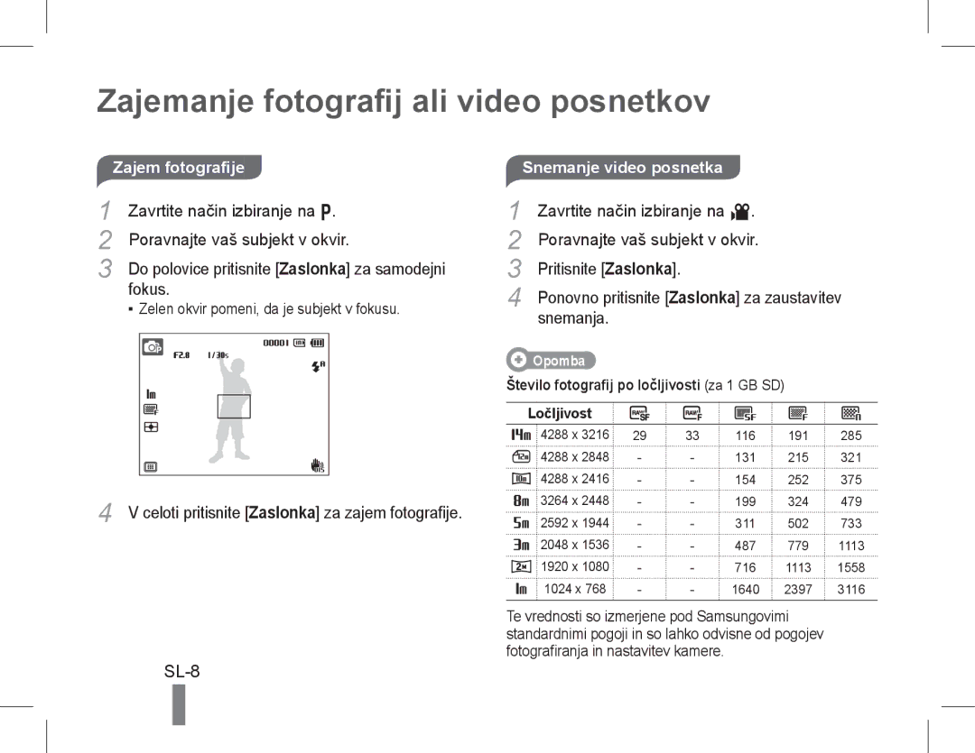 Samsung EC-WB5500BPBE2, EC-WB5500BPAE1, EC-WB5500BPBE1, EC-WB5500BPBIT manual Zajemanje fotografij ali video posnetkov 