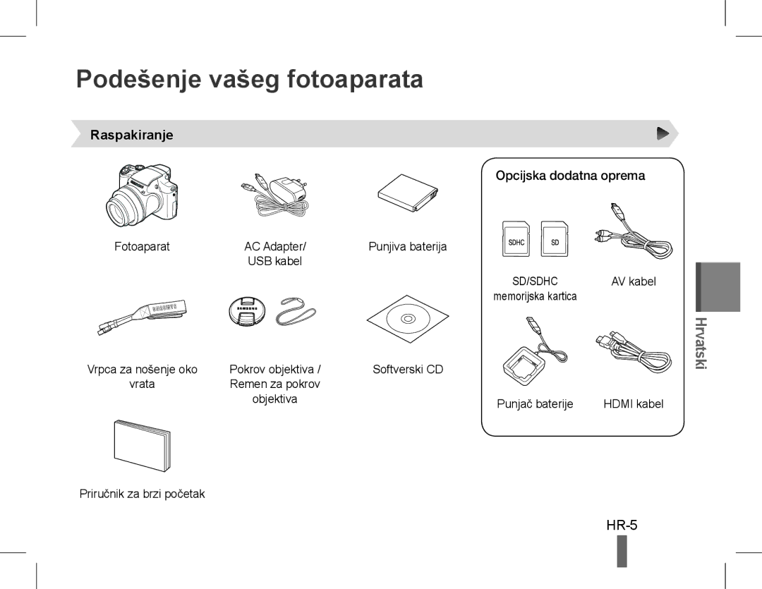 Samsung EC-WB5500BPASA manual Podešenje vašeg fotoaparata, Raspakiranje, Opcijska dodatna oprema, Priručnik za brzi početak 