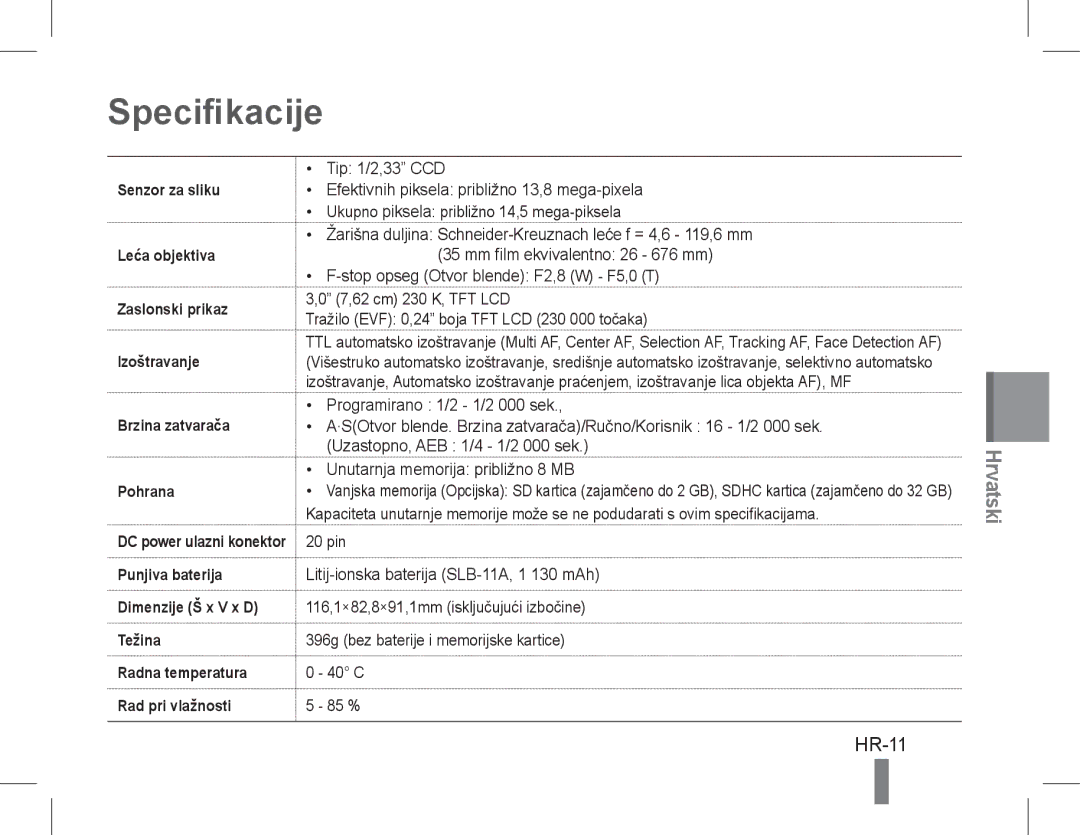 Samsung EC-WB5500BPARU, EC-WB5500BPAE1, EC-WB5500BPBE1, EC-WB5500BPBIT, EC-WB5500BPASA, EC-WB5500BPBIL Specifikacije, HR-11 