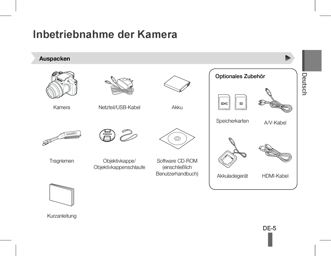 Samsung EC-WB5500BPBIL, EC-WB5500BPAE1, EC-WB5500BPBE1 manual Inbetriebnahme der Kamera, Auspacken, Optionales Zubehör 