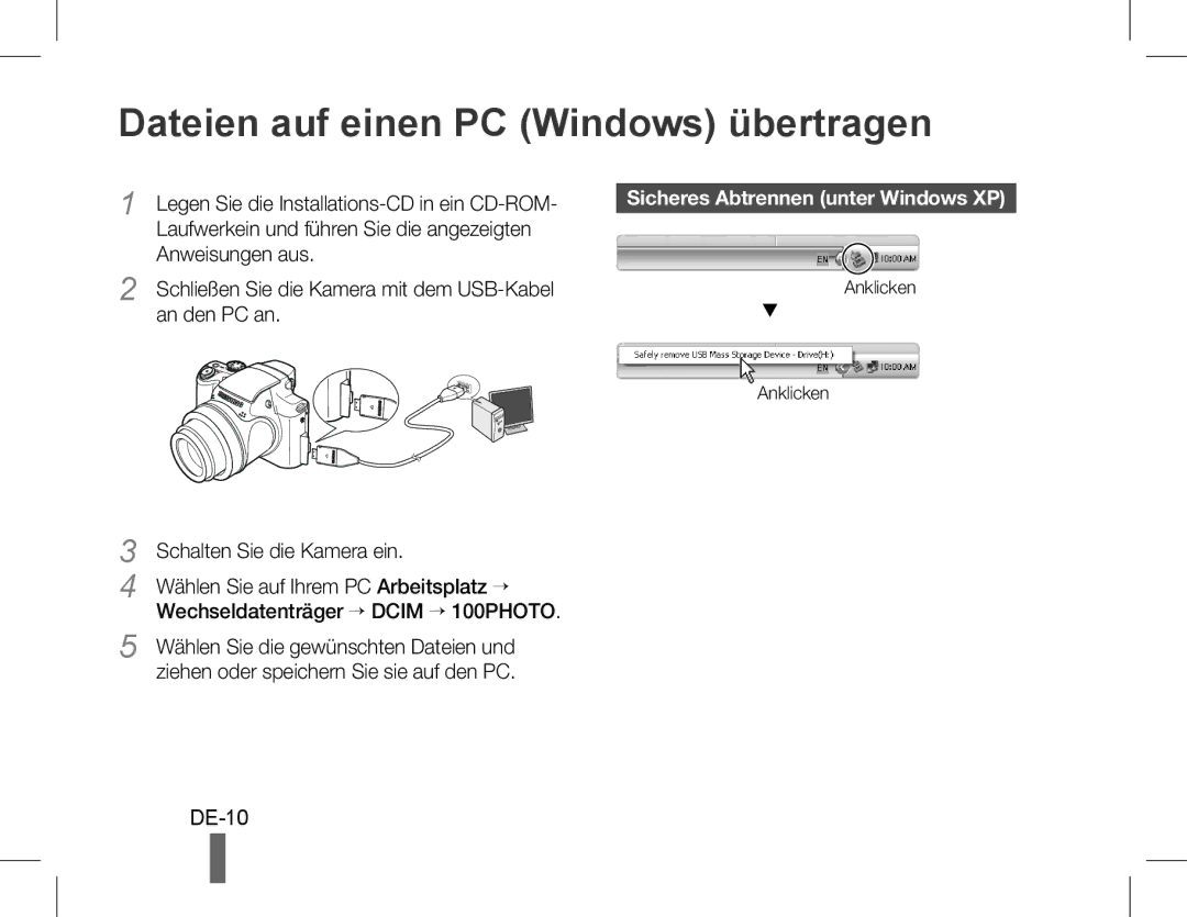 Samsung EC-WB5500BPARU, EC-WB5500BPAE1 Dateien auf einen PC Windows übertragen, DE-10, Sicheres Abtrennen unter Windows XP 