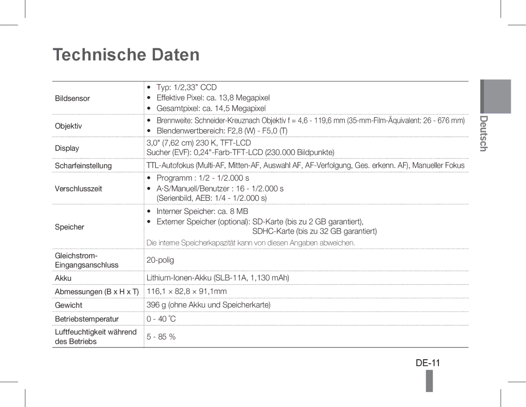 Samsung EC-WB5500BPBRU, EC-WB5500BPAE1, EC-WB5500BPBE1, EC-WB5500BPBIT, EC-WB5500BPASA manual Technische Daten, DE-11, Akku 