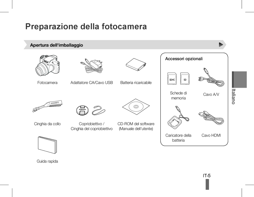 Samsung EC-WB5500BPBIT, EC-WB5500BPAE1 manual Preparazione della fotocamera, Apertura dellimballaggio, Accessori opzionali 