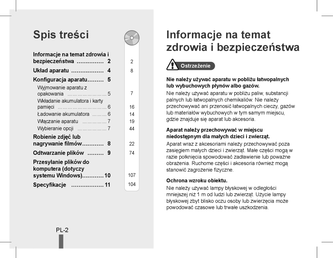 Samsung EC-WB5500BPARU manual Spis treści, Informacje na temat zdrowia i bezpieczeństwa, Pl-, Specyfikacje… ……………… 