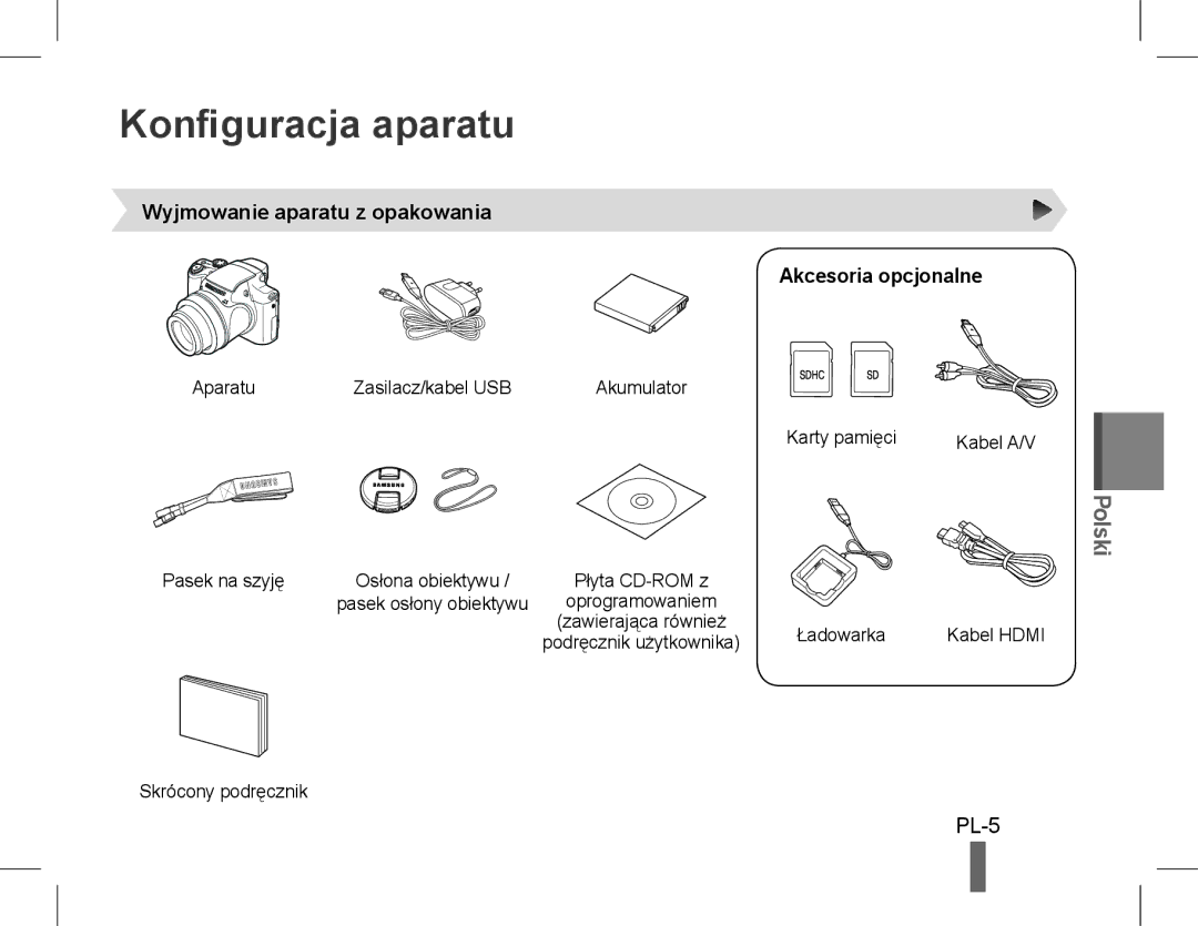 Samsung EC-WB5500BPBE1, EC-WB5500BPAE1 Konfiguracja aparatu, Polski, Wyjmowanie aparatu z opakowania Akcesoria opcjonalne 