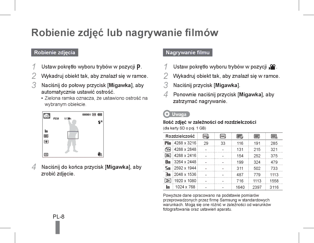 Samsung EC-WB5500BPBIL, EC-WB5500BPAE1 manual Robienie zdjęć lub nagrywanie filmów, Robienie zdjęcia, Nagrywanie filmu 