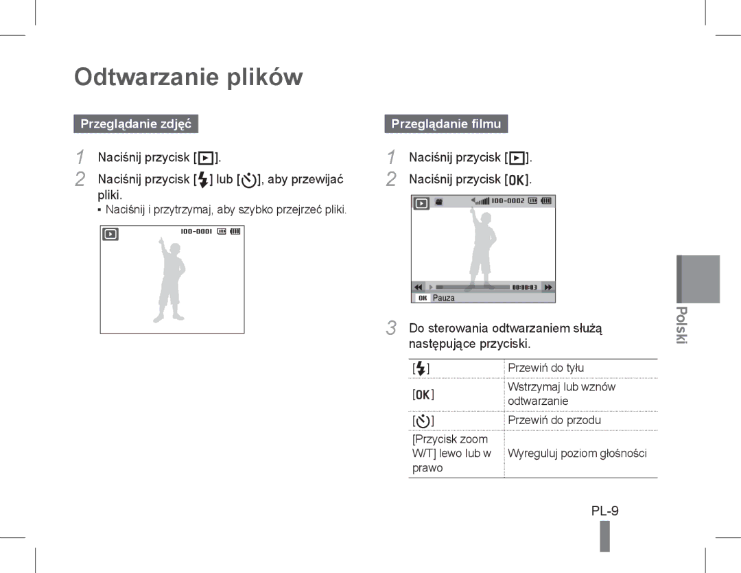 Samsung EC-WB5500BPBSA Odtwarzanie plików, Przeglądanie filmu, Do sterowania odtwarzaniem służą, Następujące przyciski 