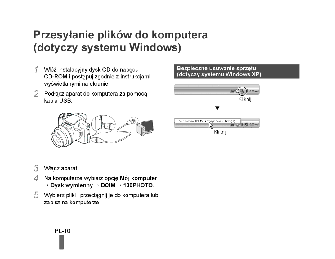 Samsung EC-WB5500BPBE3 Przesyłanie plików do komputera dotyczy systemu Windows, PL-10, → Dysk wymienny → Dcim → 100PHOTO 