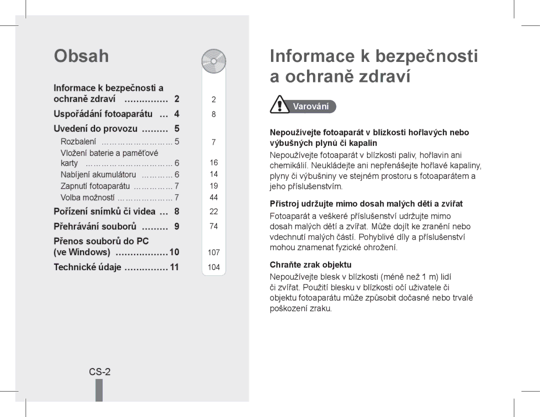 Samsung EC-WB5500BPAE3, EC-WB5500BPAE1 manual Obsah, Informace k bezpečnosti a ochraně zdraví, Cs-, Přenos souborů do PC … 