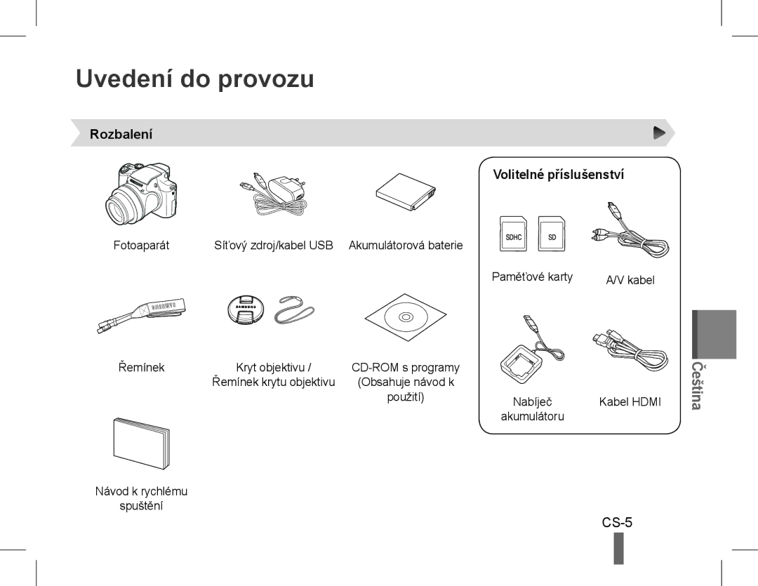 Samsung EC-WB5500BPAE1, EC-WB5500BPBE1 manual Uvedení do provozu, Rozbalení Volitelné příslušenství, Fotoaparát, Řemínek 