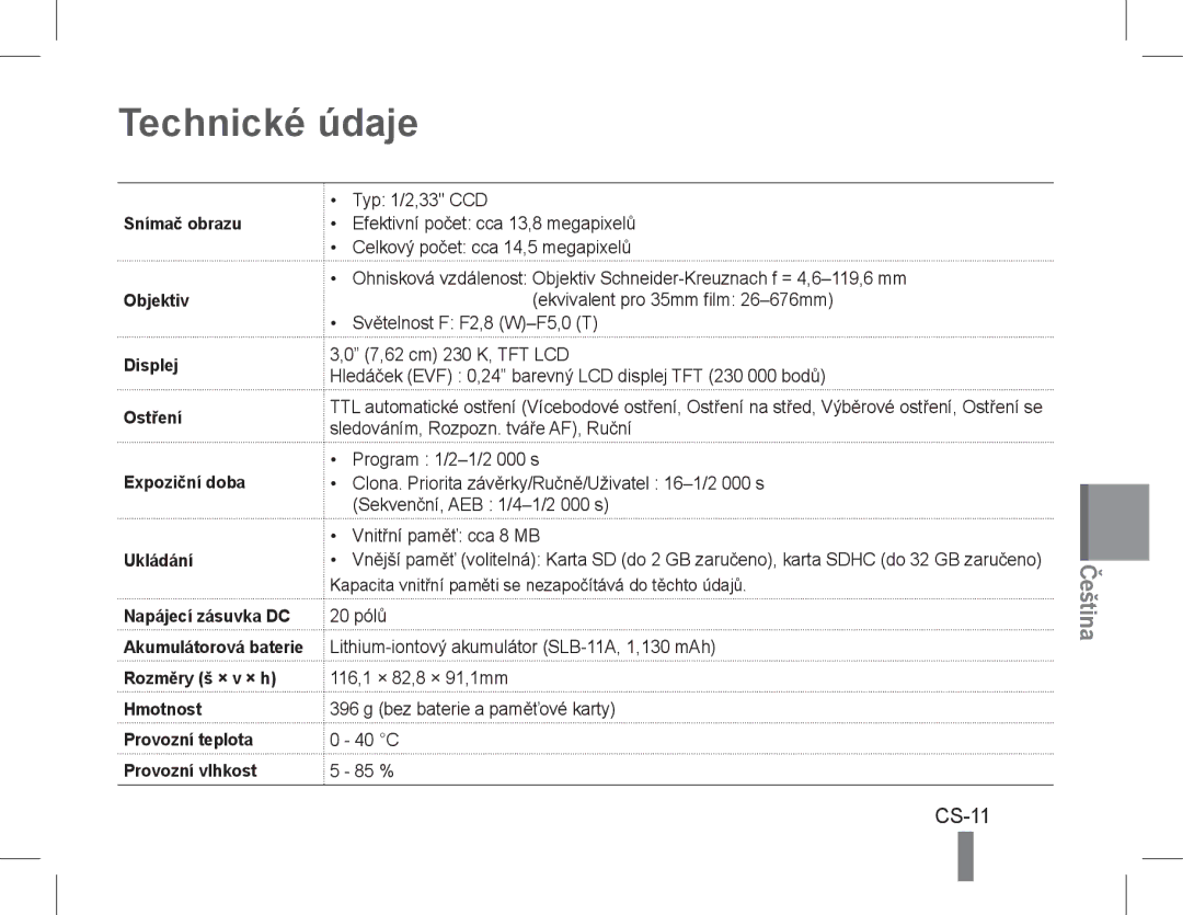 Samsung EC-WB5500BPBE3, EC-WB5500BPAE1, EC-WB5500BPBE1, EC-WB5500BPBIT, EC-WB5500BPASA, EC-WB5500BPBIL Technické údaje, CS-11 