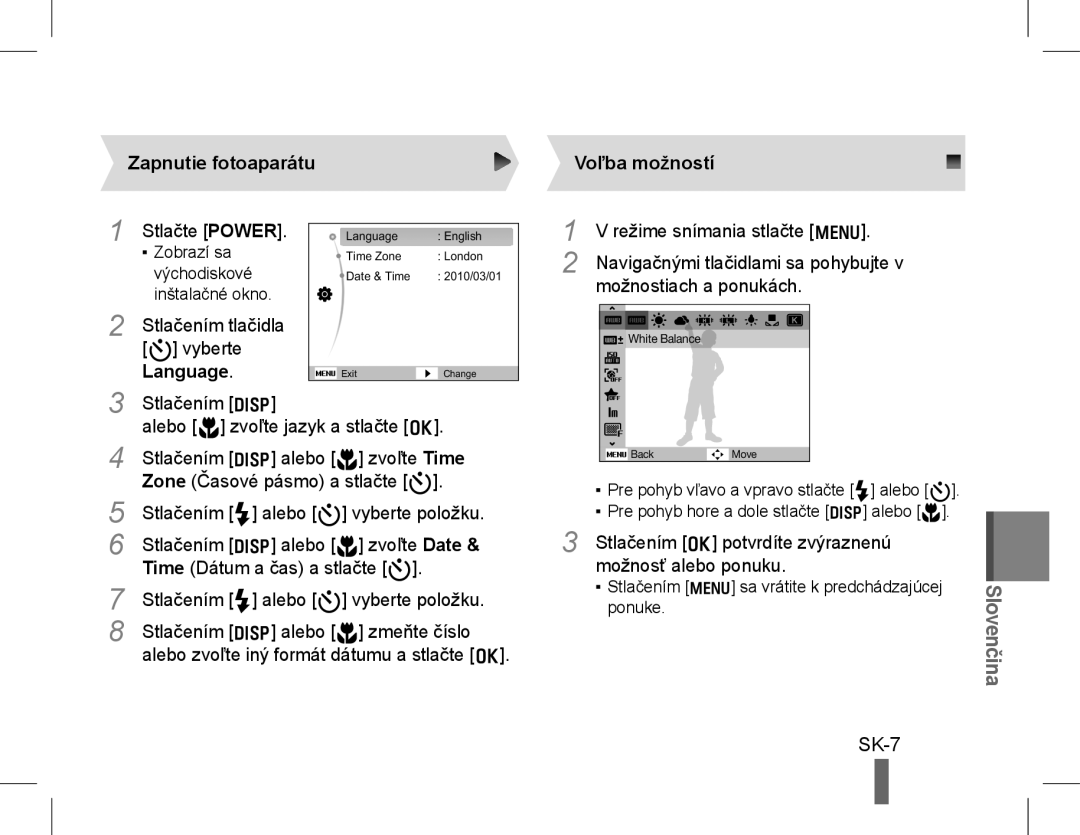 Samsung EC-WB5500BPBE1, EC-WB5500BPAE1, EC-WB5500BPBIT, EC-WB5500BPASA manual Zapnutie fotoaparátu, Language, Voľba možností 