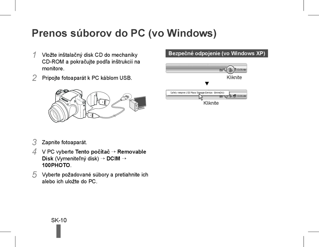 Samsung EC-WB5500BPBIL, EC-WB5500BPAE1 manual Prenos súborov do PC vo Windows, SK-10, Bezpečné odpojenie vo Windows XP 