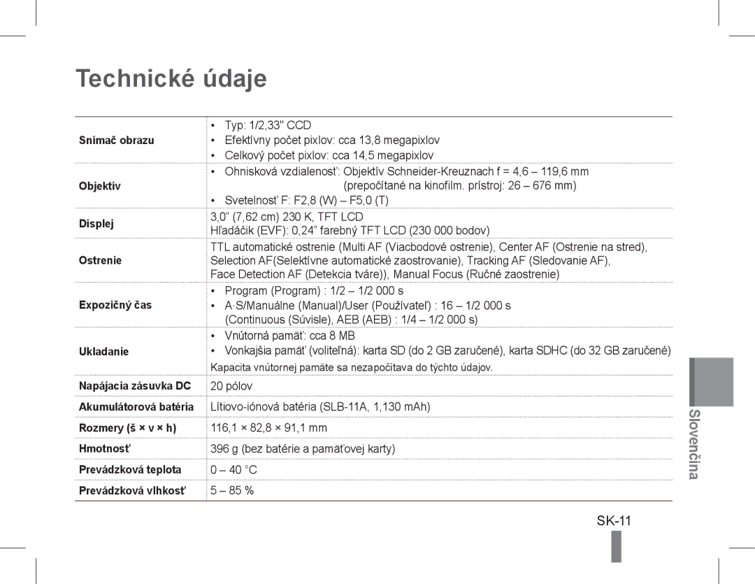 Samsung EC-WB5500BPBSA, EC-WB5500BPAE1, EC-WB5500BPBE1, EC-WB5500BPBIT, EC-WB5500BPASA, EC-WB5500BPBIL Technické údaje, SK-11 