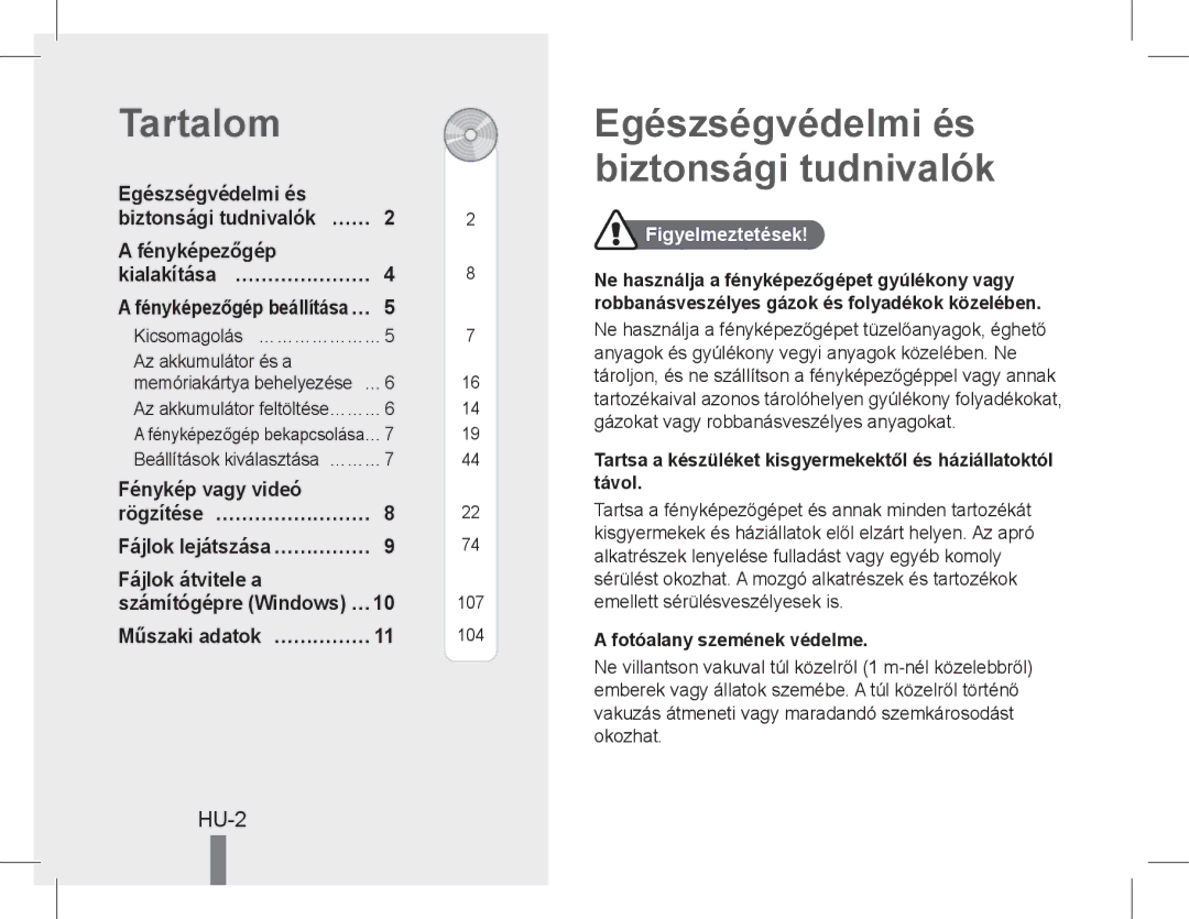 Samsung EC-WB5500BPBE3 Tartalom, Egészségvédelmi és biztonsági tudnivalók, Hu-, Fénykép vagy videó Rögzítése… …………………… 