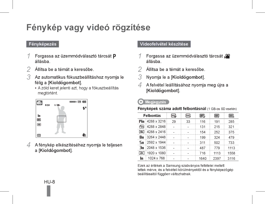 Samsung EC-WB5500BPBE1 manual Fénykép vagy videó rögzítése, Fényképezés, Félig a Kioldógombot, Videofelvétel készítése 