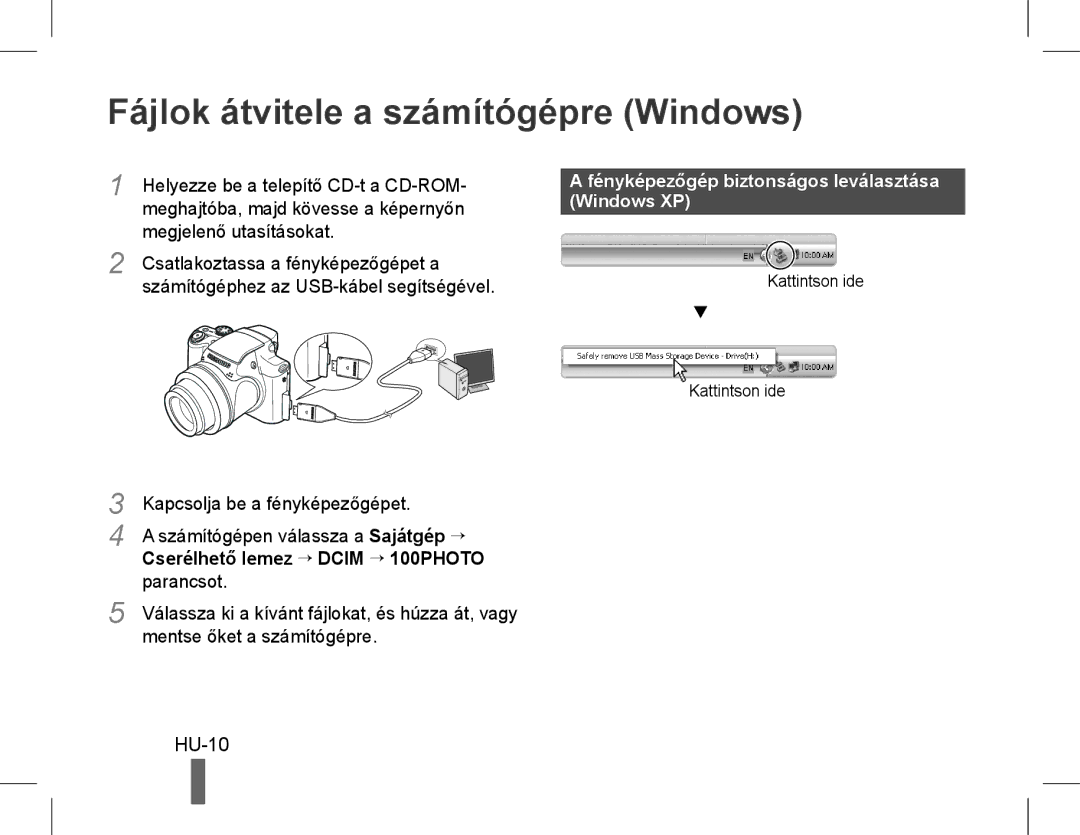 Samsung EC-WB5500BPASA Fájlok átvitele a számítógépre Windows, HU-10, Fényképezőgép biztonságos leválasztása Windows XP 